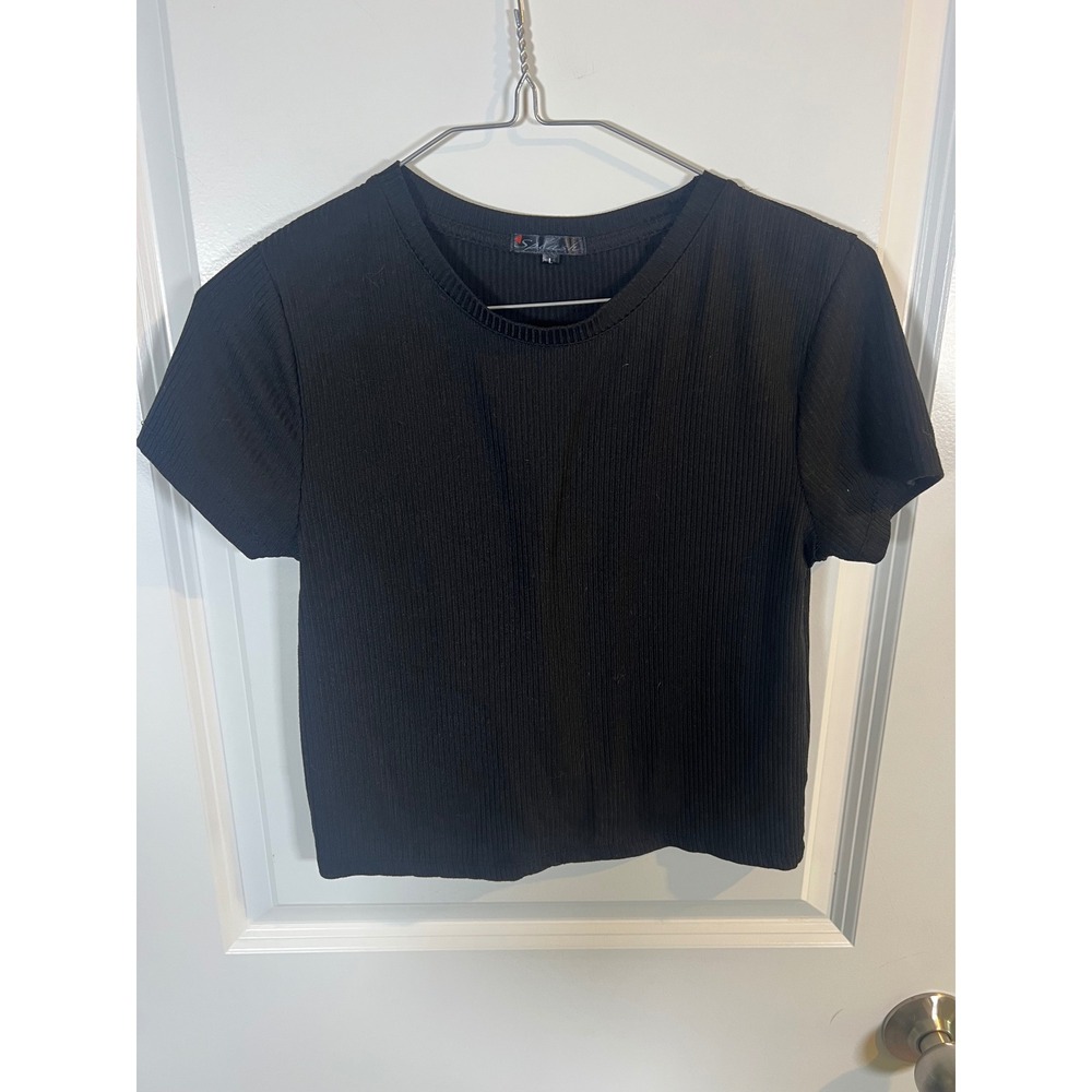 Splash Womens Short Sleeve Ribbed Knit Crop Top‎ Black Large